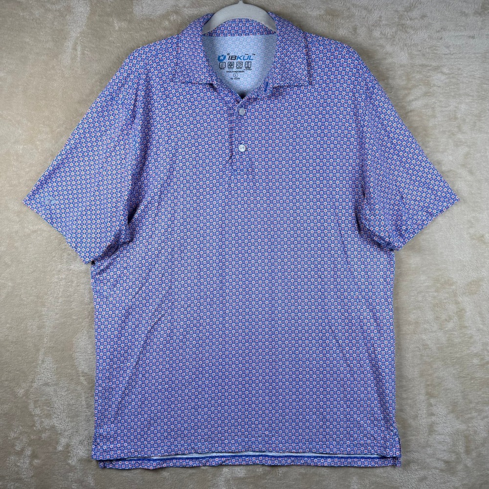 IBKUL Mens L Short Sleeve Golf Polo Shirt Blue Red‎ Floral Performance Athletic